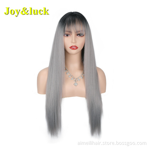 Wholesale Prices Wig For Women Party Or Daily Life High Temperature Long Black Color Natural Straight With Bangs Synthetic Hair